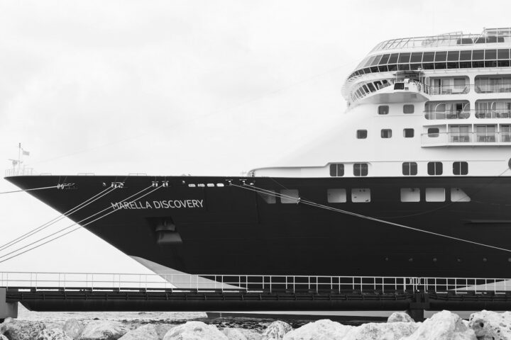 Black and white photo of the bow of Marella Discovery