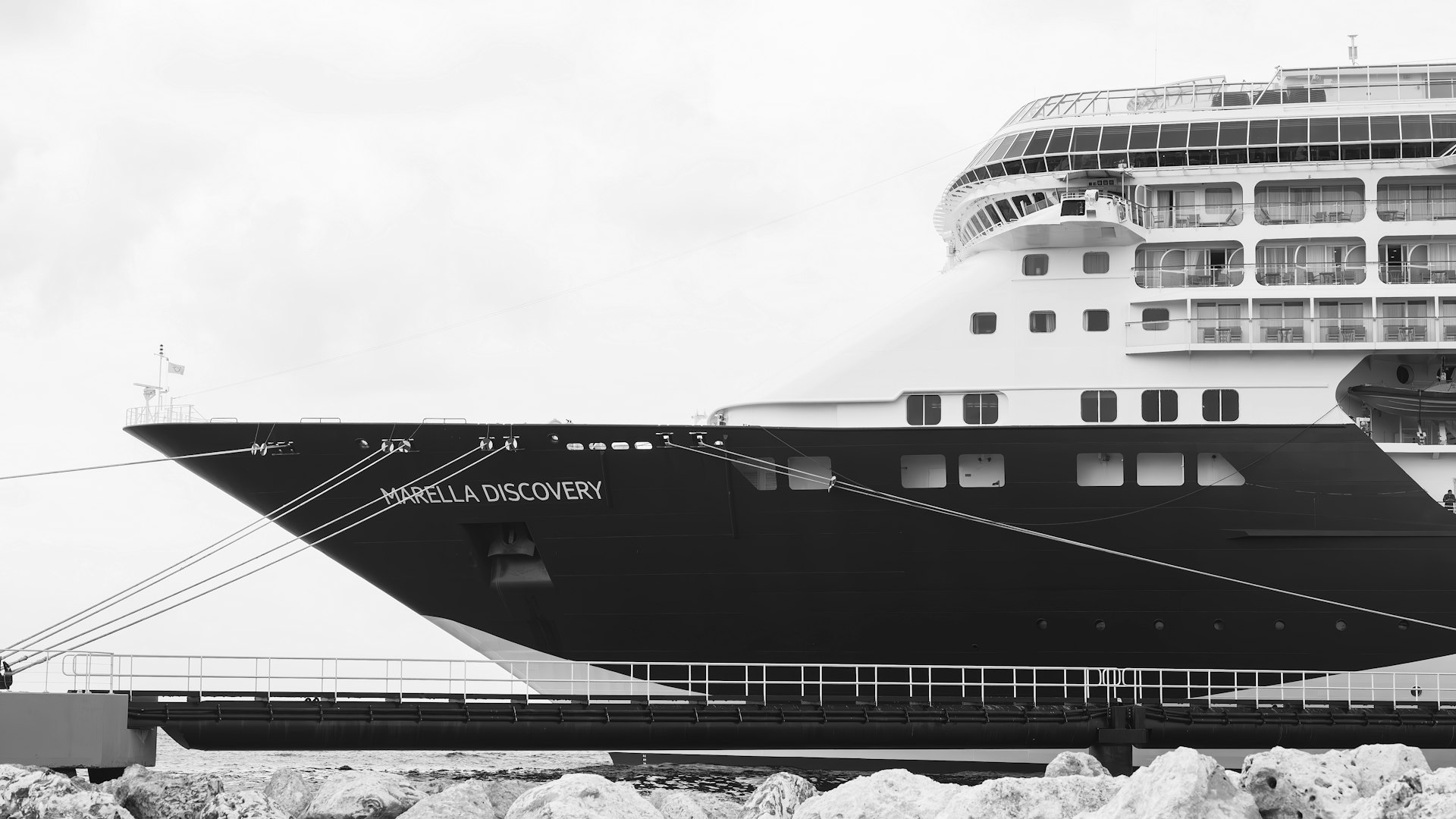 Black and white photo of the bow of Marella Discovery