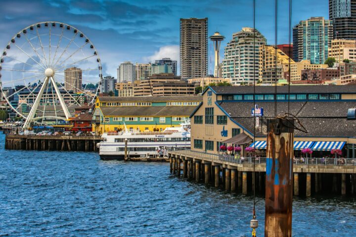 Seattle waterfront with the Great Wheel and piers
