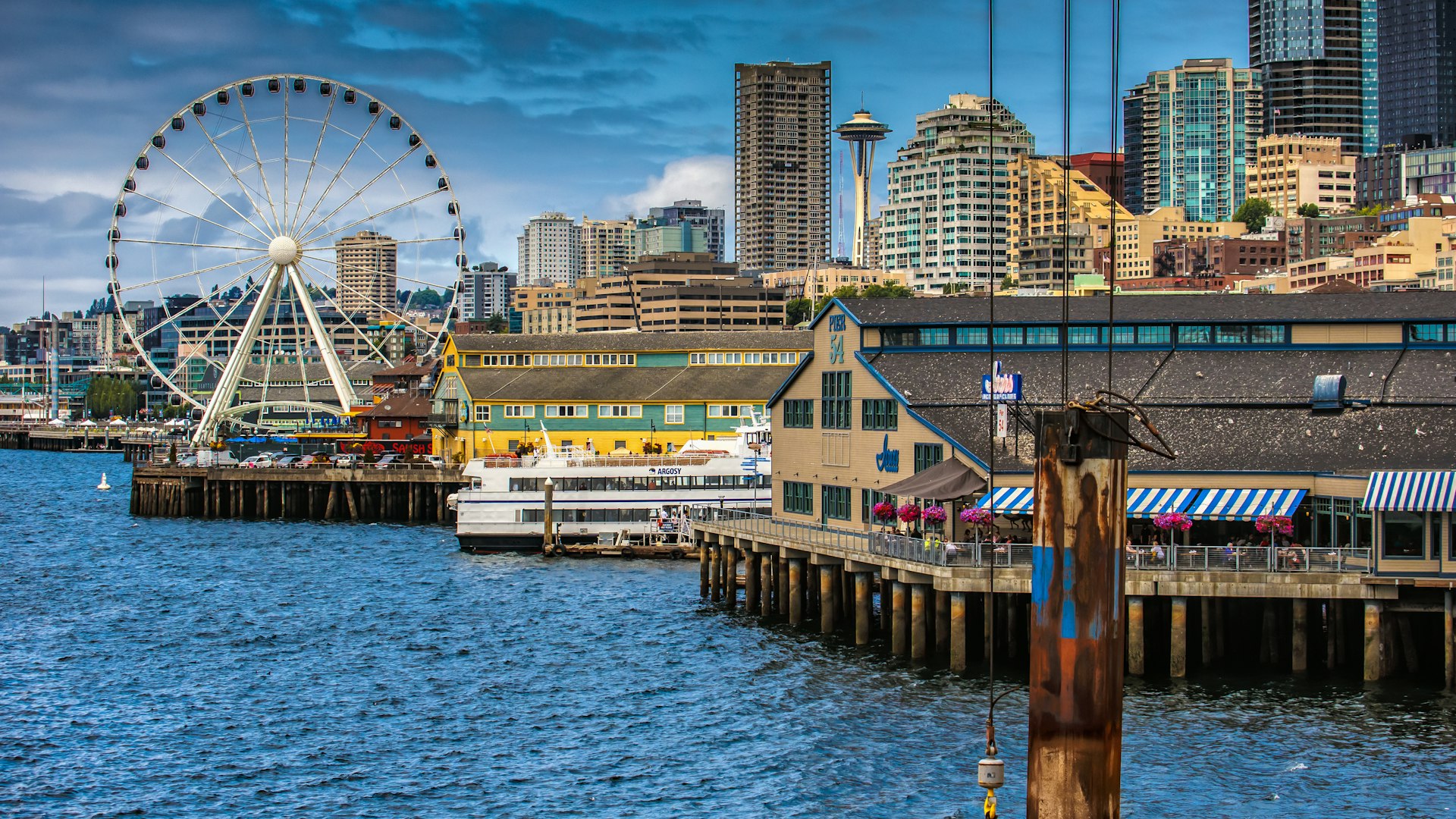 Seattle waterfront with the Great Wheel and piers