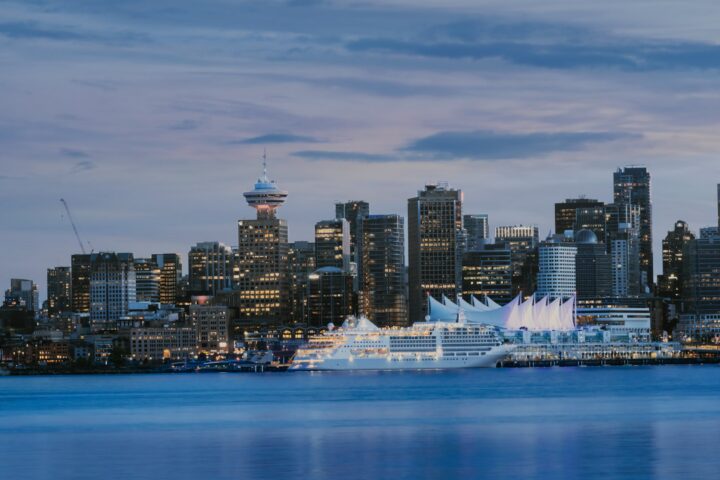 Vancouver skyline and Canada Place cruise terminal at dusk