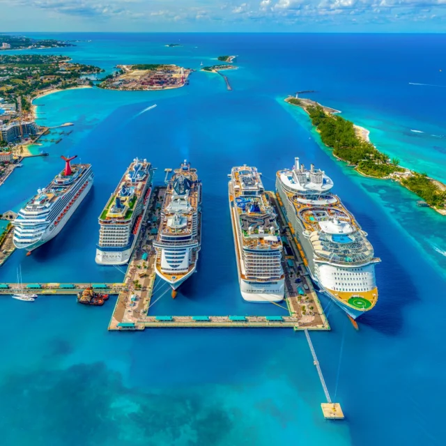Five cruise ships from different lines docked side by side in Nassau, Bahamas