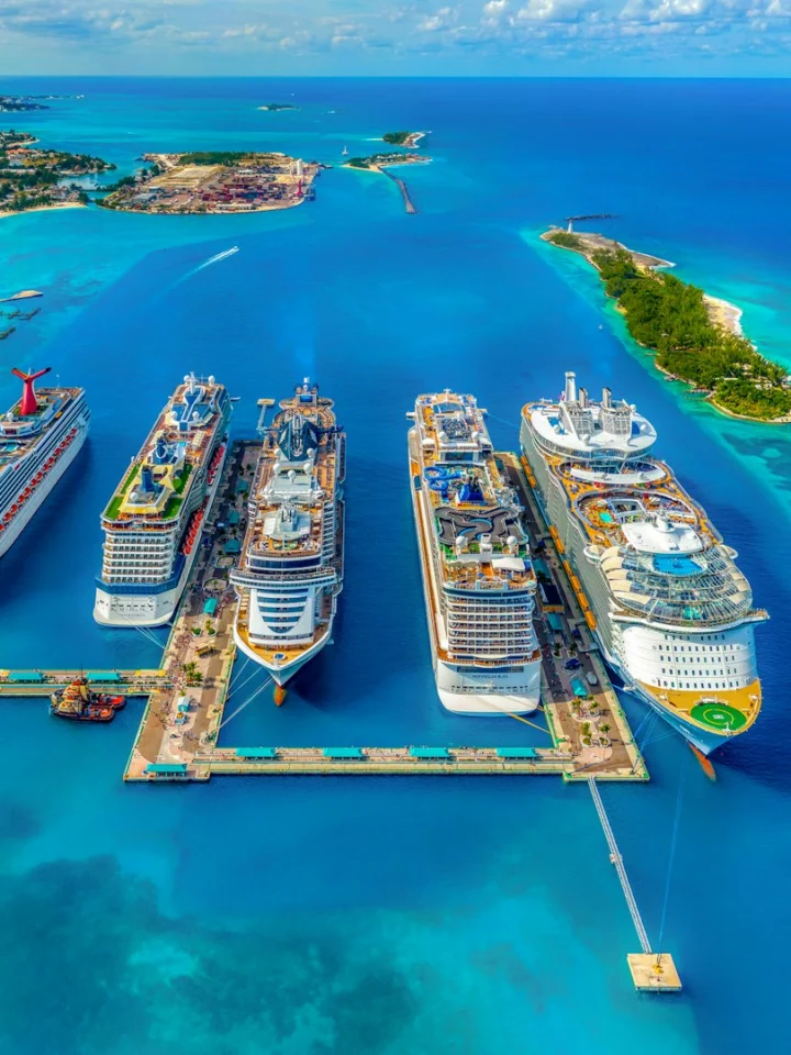 Five cruise ships from different lines docked side by side in Nassau, Bahamas