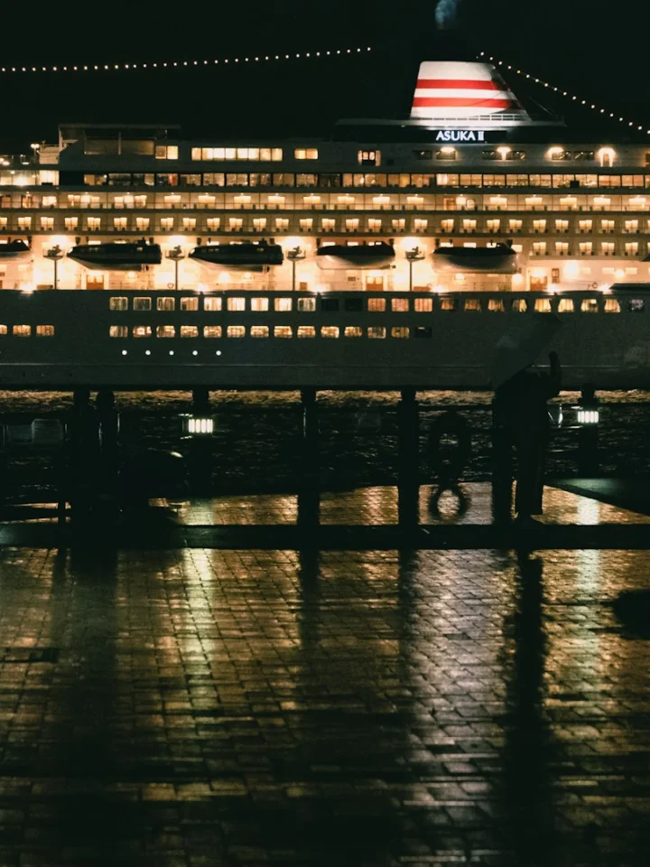 Cruise ship lit up at a pier in Japan at night