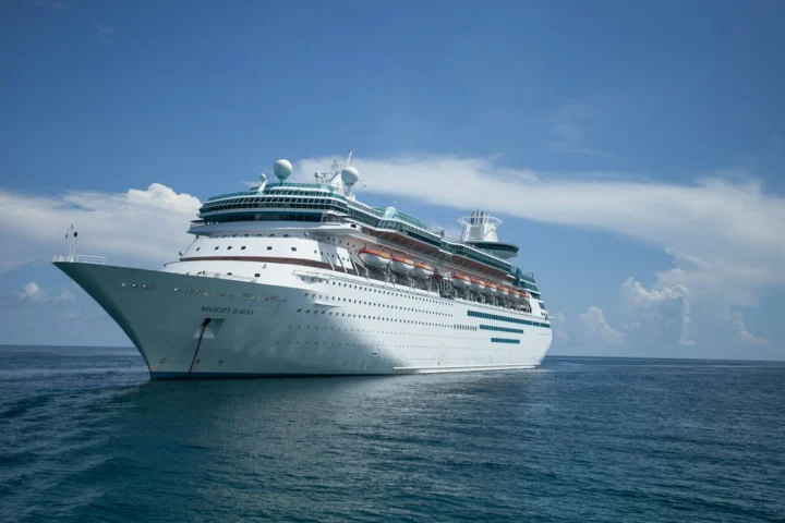 Cruise ship alone on the open Atlantic under a blue sky