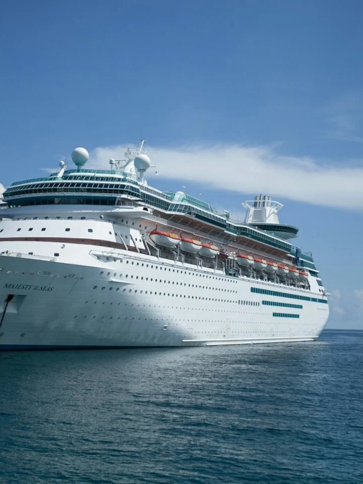 Cruise ship alone on the open Atlantic under a blue sky