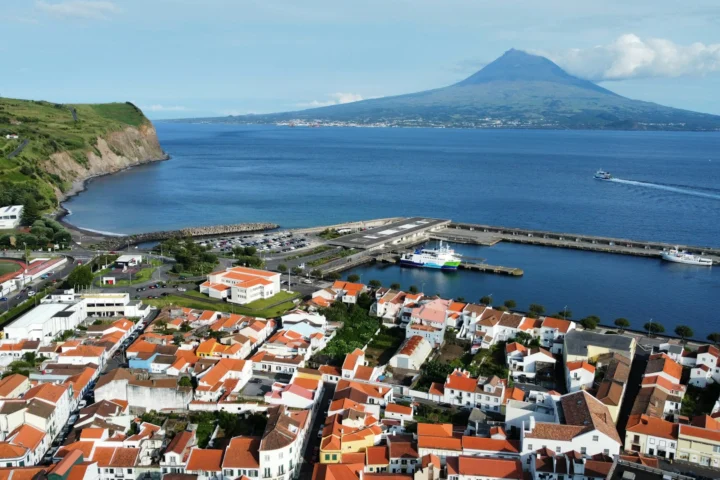 Harbor and town of Horta in the Azores with Pico mountain across the water